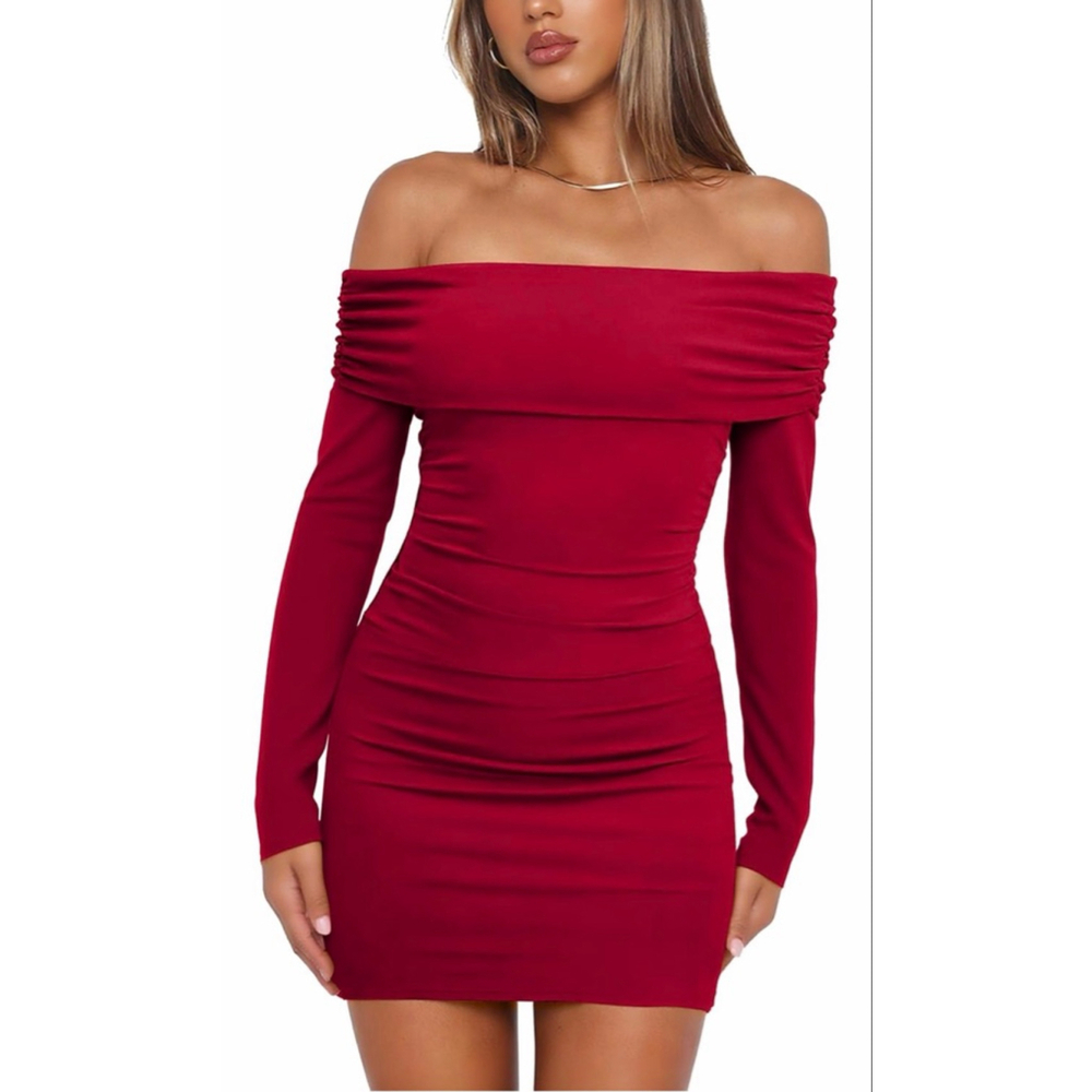 NEW Off The Shoulder Ruched Bodycon Long Sleeve Ribbed Knit Fitted Mini Dress M